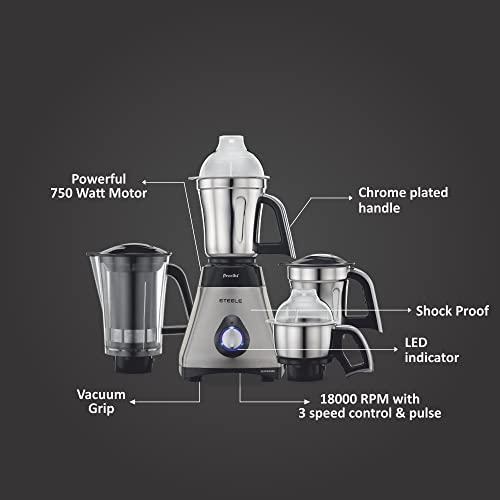 Preethi Steel Supreme MG-208 mixer grinder, 750 watt (Silver/ Black), 4 jars - Super Extractor juicer Jar, Vega W5 motor with 5yr Warranty & Lifelong Free Service - Image 5